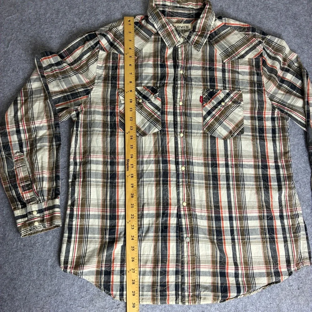 Levis Mens Western Pearl Snap Plaid Shirt Tan Black Red Long Sleeve Regular XL